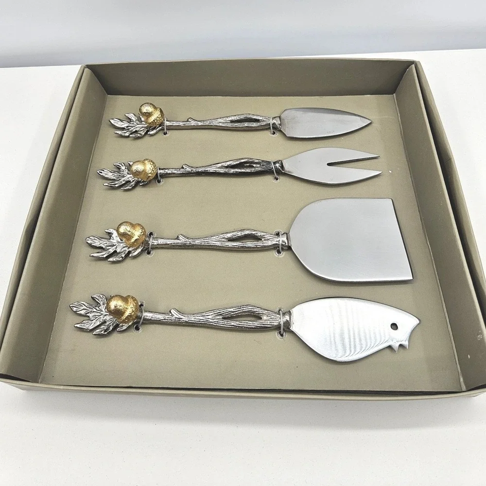 4pc Acorn Oak Leaf Cheese Knife Set Silver Gold Twig Handle Nature Theme NEW